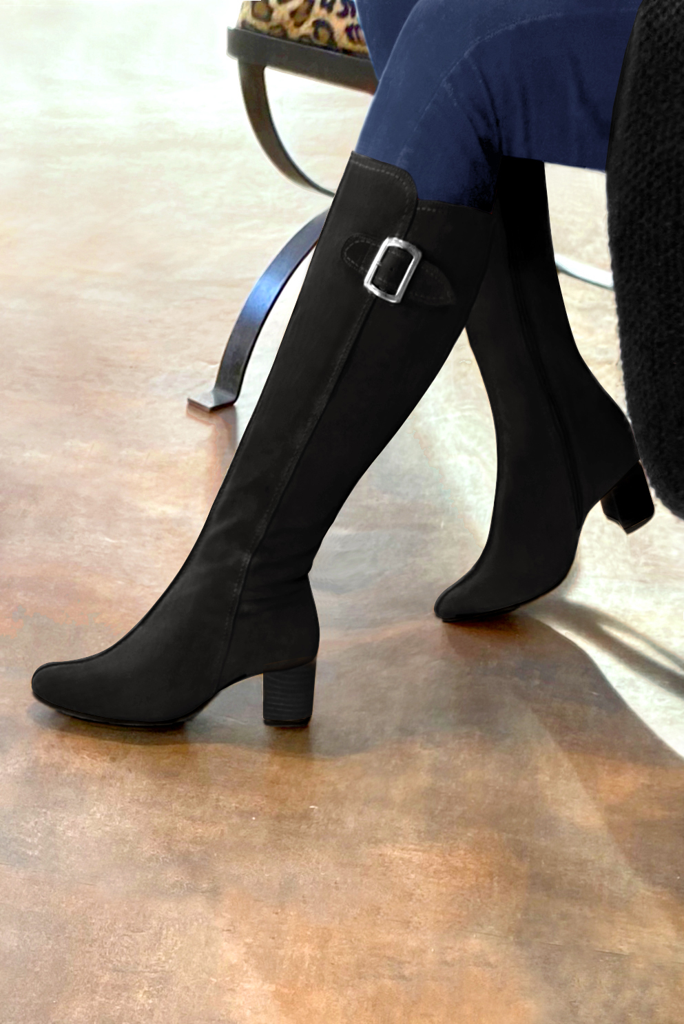 Matt black women's knee-high boots with buckles. Round toe. Medium block heels. Made to measure. Worn view - Florence KOOIJMAN